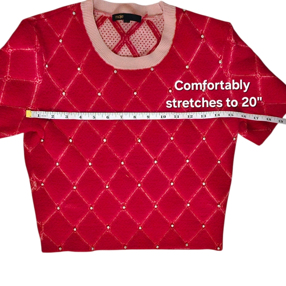 Maje Red Pink Diamond Fleece Quilt Short Sleeve Crop Top w Rhinestones size 1 - Picture 10 of 11